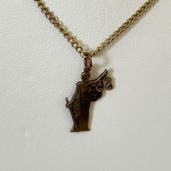 2/$20 Lady Justice, gold tone pendant & chain. 18” long. Lobster clasp. - Picture 4 of 14
